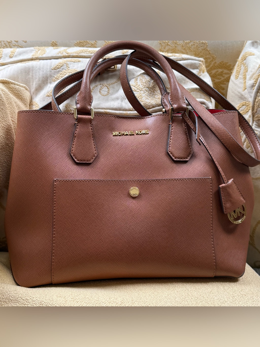 Michael Kors Cognac Saffiano Leather Satchel With Gold Hardware